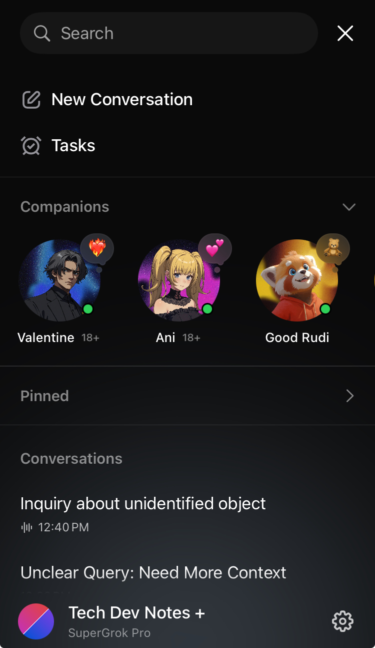 Valentine in Grok iOS App Companion UI